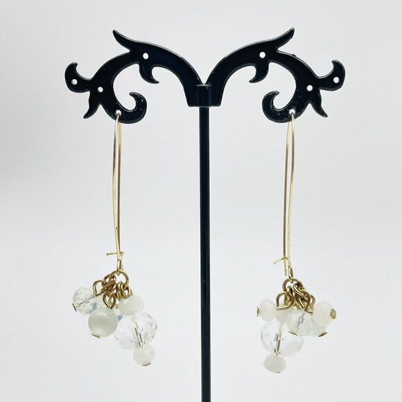 Gold Tone Drop Earrings White Bead Cluster Clear Crystal Dangle Modern - Picture 2 of 10